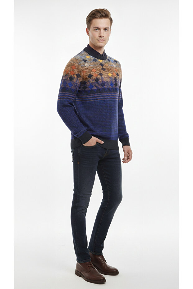Men's Crew Neck Geometric Pattern Sweater - 2