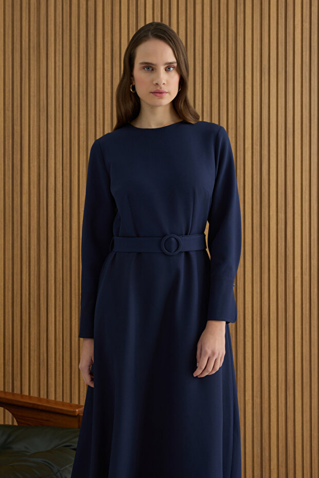 Lacivert Kemerli Evaze Elbise - 5