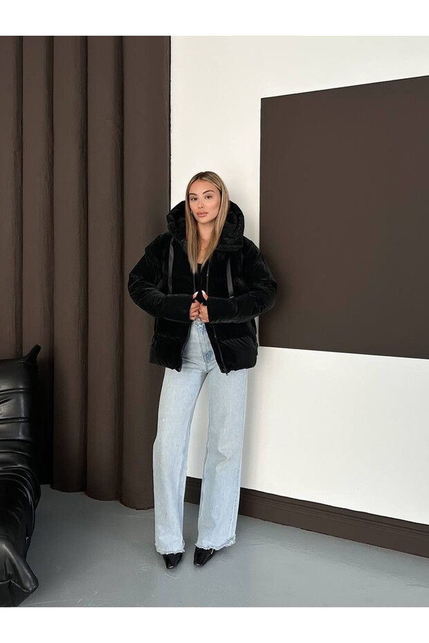 Kapüşonlu Kadife Puffer Mont - 6