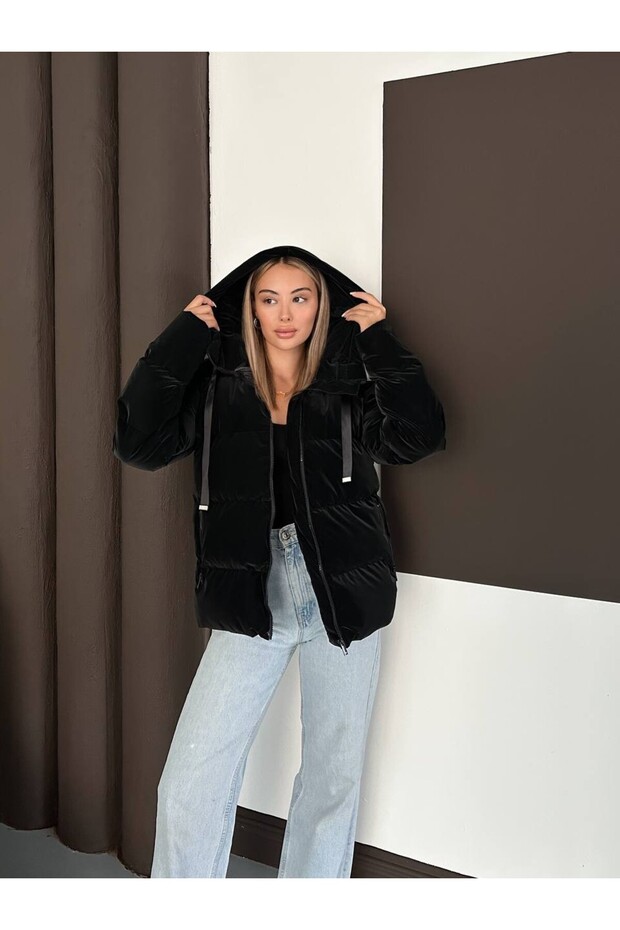 Kapüşonlu Kadife Puffer Mont - 7