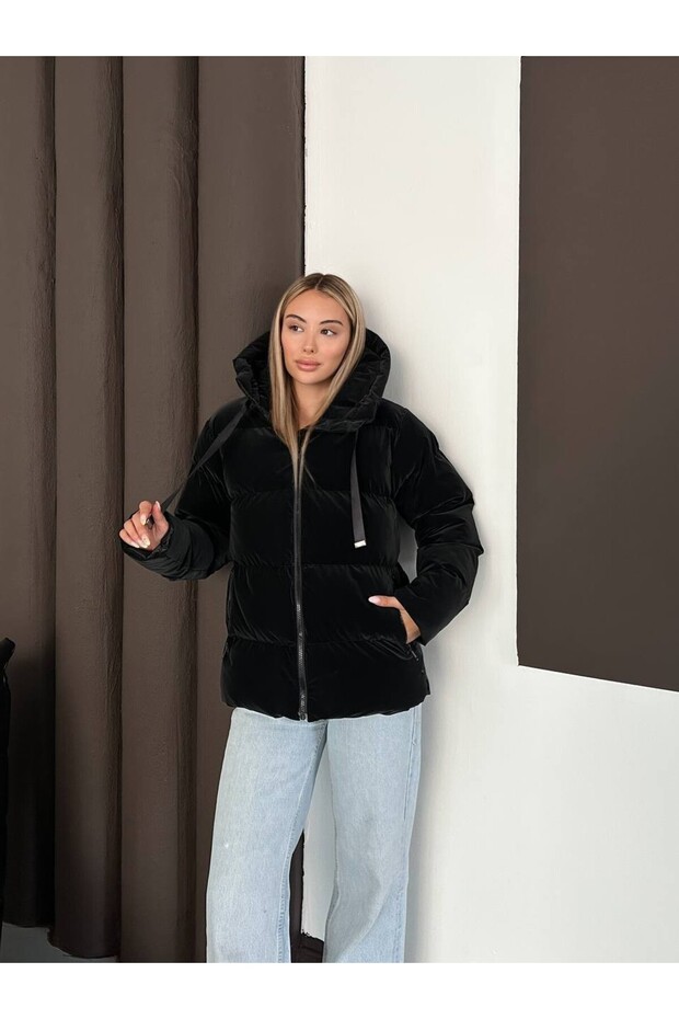 Kapüşonlu Kadife Puffer Mont - 2