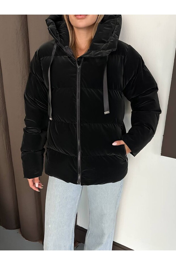 Kapüşonlu Kadife Puffer Mont - 4
