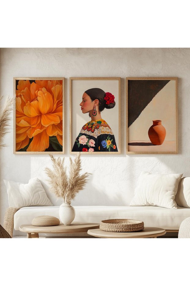 Wooden Framed 3 Piece Abstract Painting Bohemian Qmrc