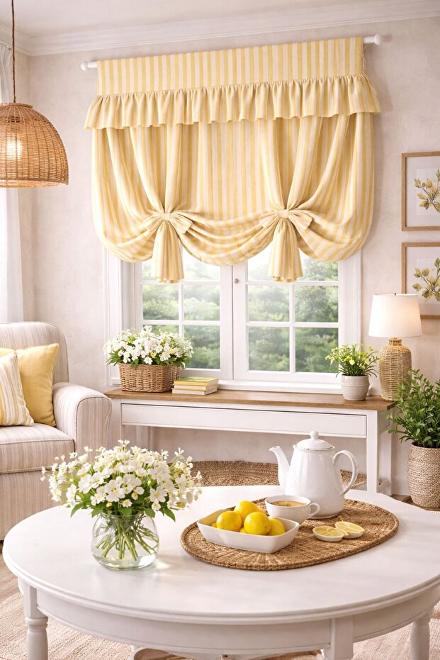 Yellow Natural Striped Retro Background Curtain with Binding Details (100% Cotton Fabric)