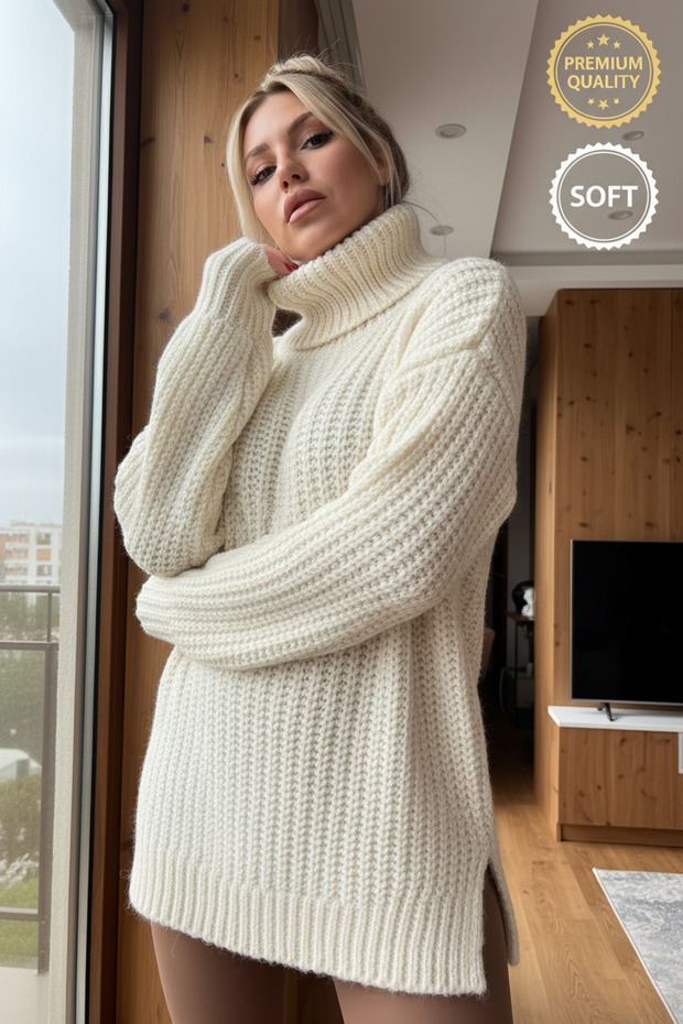 Women's Ecru Thick Thread Thick Knit Full Turtleneck Y Slit Tunic Knitwear Sweater