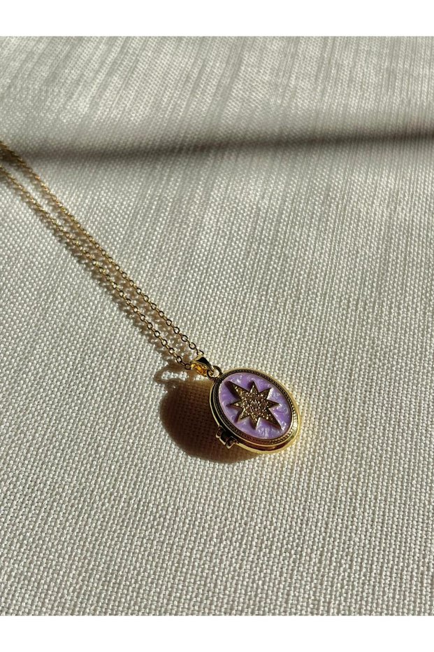 Steel Antique Necklace Purple Enamel Polar Star Pendant - Oval Locket Vintage Necklace