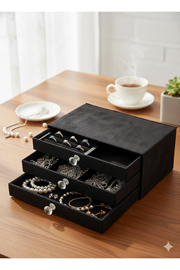 Elegant Black Suede 3-Drawer Jewelry Organizer - Accessory Box with Crystal Handle Detail