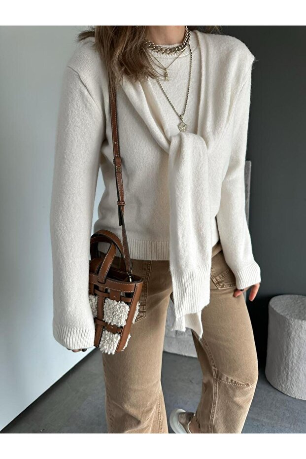 Krem Bağlamalı Basic Kazak - 6