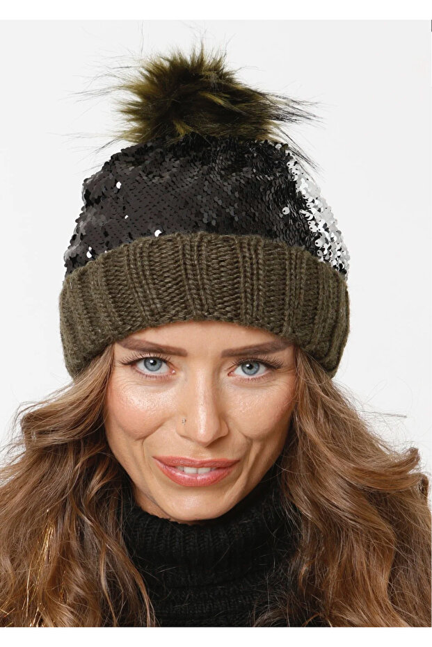 Pullu ve payetli çift katlı örme bere - 2