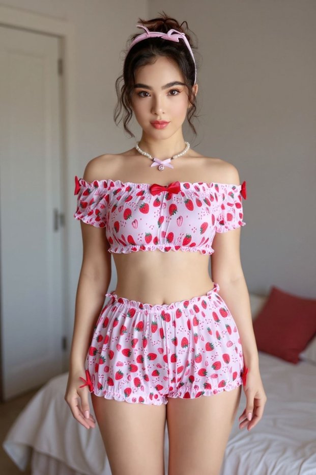 Women's Short Shorts Bow Detail Strawberry Bustier Mini Pink Pajama Set