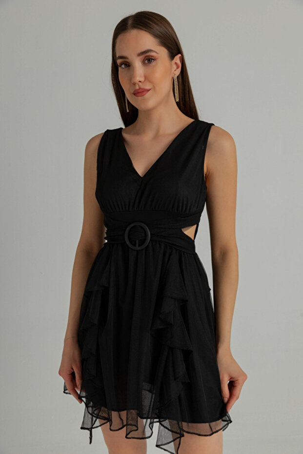 Mini Dekolteli Tül Elbise - 3