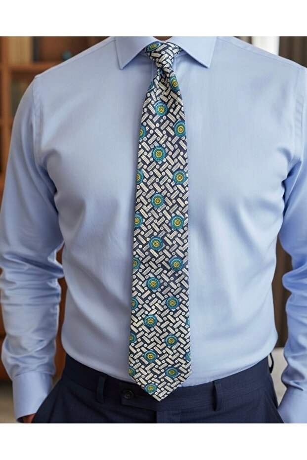100% Silk Italian Tie – 10 cm Classic Wide Cut, Navy Blue Special Pattern