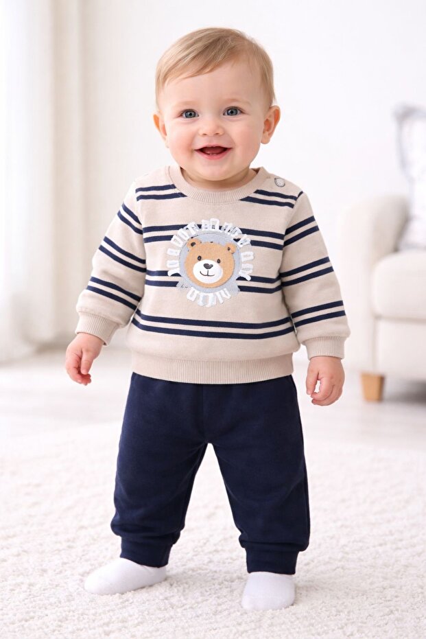 Baby Boy Transitional Sets | Striped Teddy Bear Printed Sweatshirt & Sweatpants