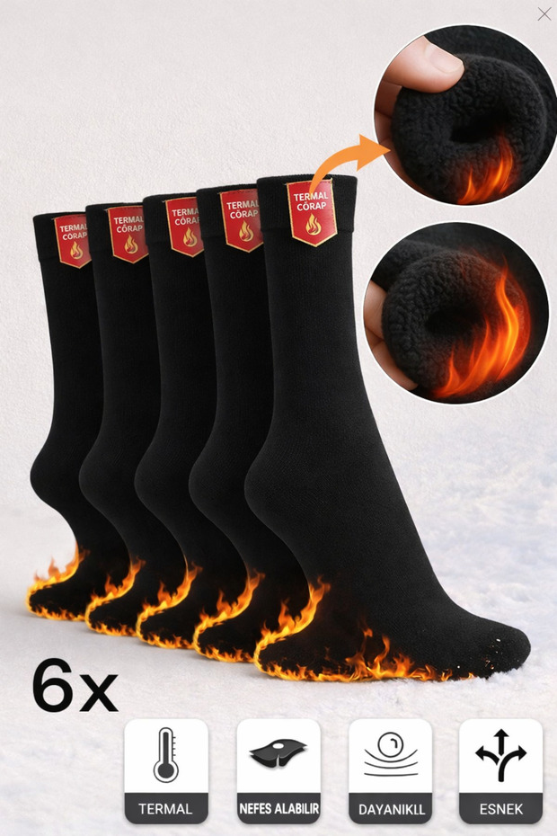 6 Pairs Thermal Winter Thick Black Socks Camping Cotton Outdoor Breathable Winter Thick Black Socks