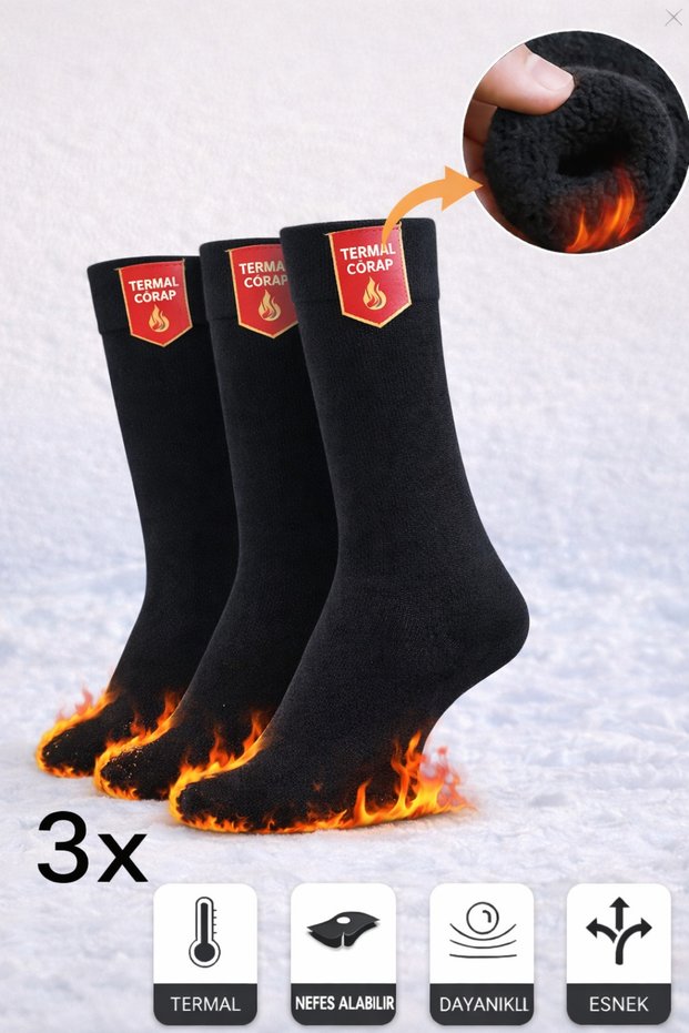 3 Pairs of Thermal Winter Thick Black Unisex Socks 40-44 (Outdoor/Camping)