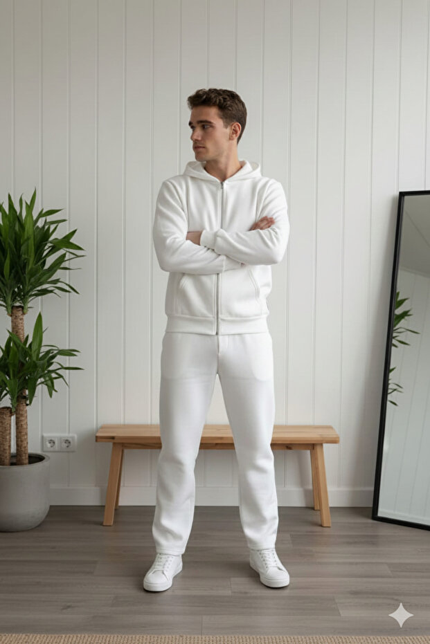 Men's White 3 Thread K Hooded Zippered Cardigan Elastic Waist Baggy Tracksuit Set