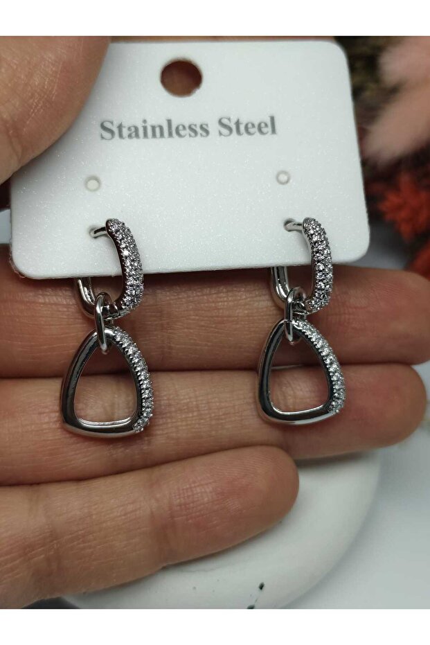 Elegant Steel Earrings with Silver Detailed Zircon Stones