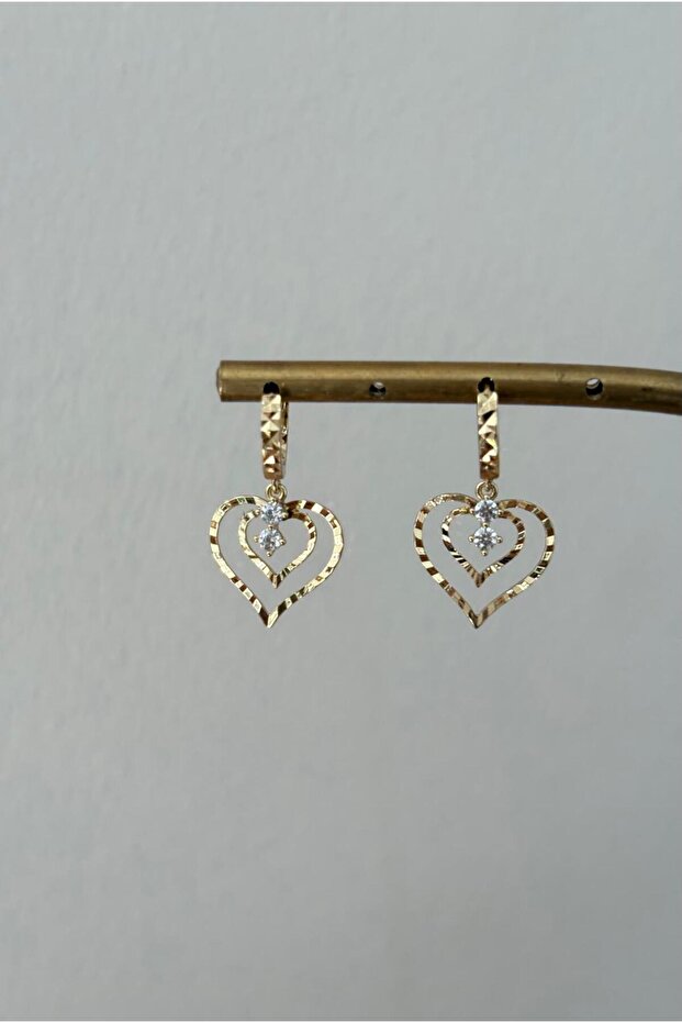 Special Series Crushed Stone Detail Heart Model Xp Dangle Gold Earrings