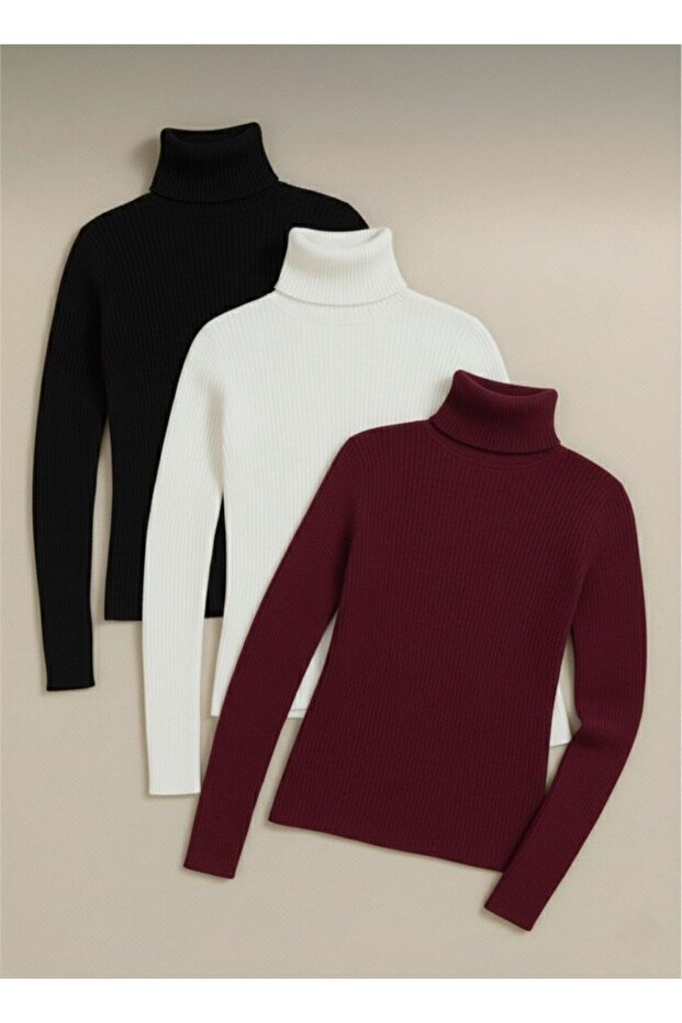 Women's Black White Claret Red Corded Fabric Turtleneck 3-Pack Cotton Turtleneck Sweater