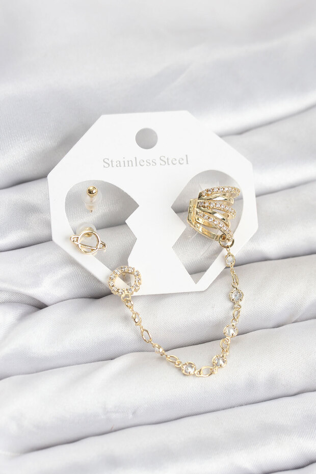 Uzay Model Brass Gold Color Chain Linked Ear Cuff Earring Set - Lisinya