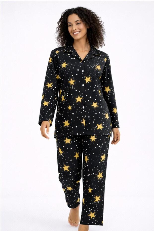 طقم بيجامة بأكمام طويلة وأزرار أمامية - 1