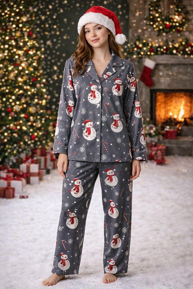 طقم بيجامة بأكمام طويلة وأزرار أمامية - 1