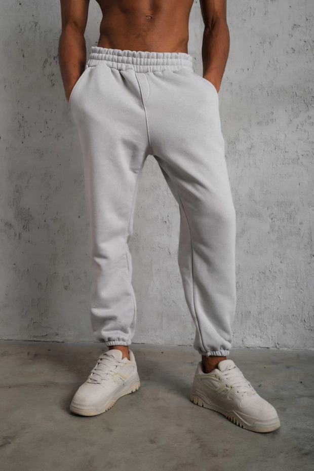 Men's Three-Thread Bottom Sweatpants with Elastic Cuffs - Gray