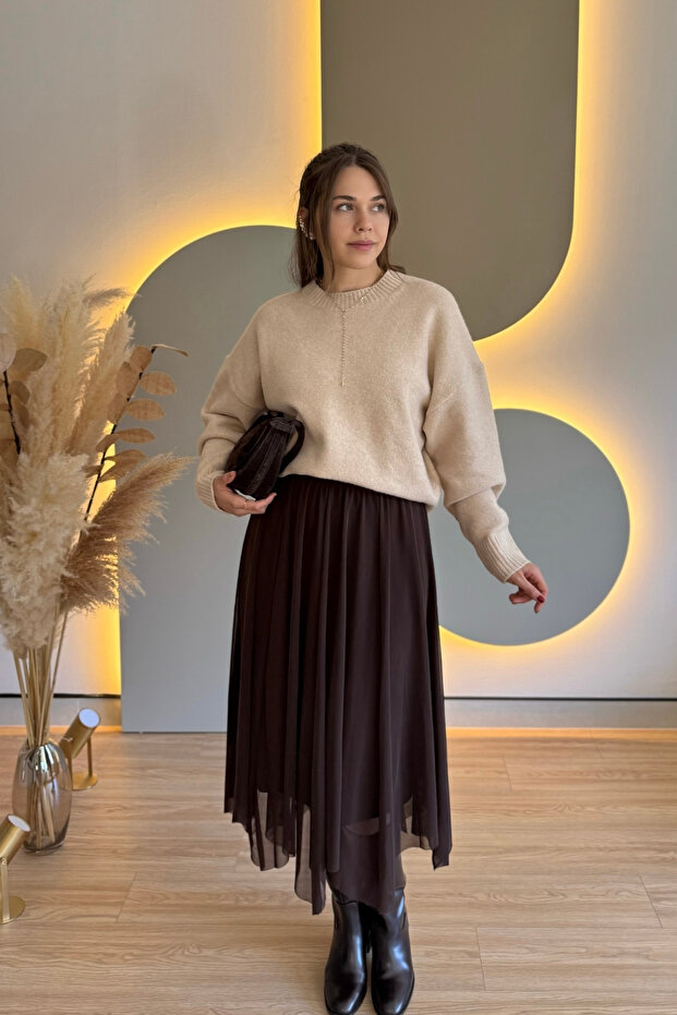 Asymmetrical Midi Brown Tulle Skirt with Elastic Waist