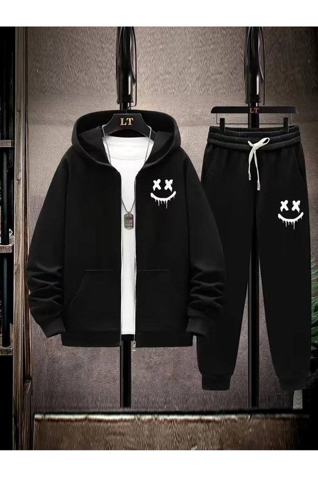 Men's Hooded Zippered Emoji Printed Casual Tracksuit Set