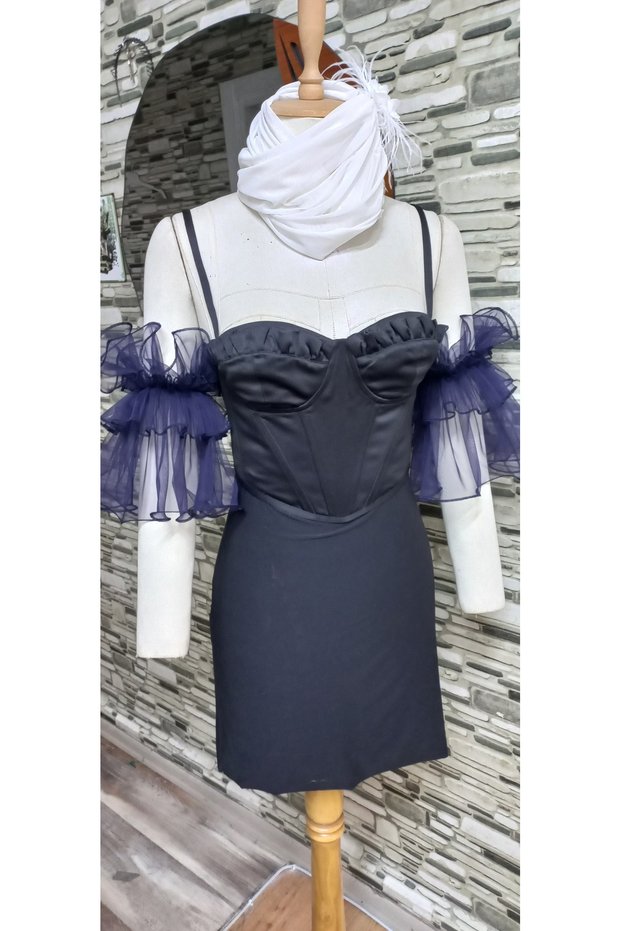 Asha Pleated New Season Tulle Oversleeves Navy Blue
