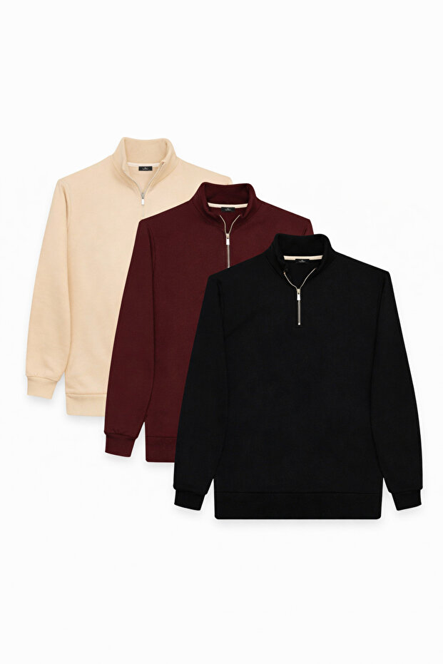 Unisex 3-Pack Black-Burgundy-Ecru Relax Fit Cotton Half-Zip Mock Neck Sweatshirt