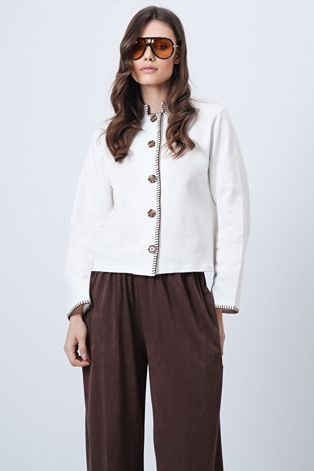 Ecru Hakim Collar Shepherd Stitched Cardigan Alc-X14726