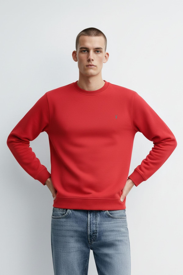 سويت شيرت رجالي ذو ياقة دائرية باللون الأحمر الأساسي - 6