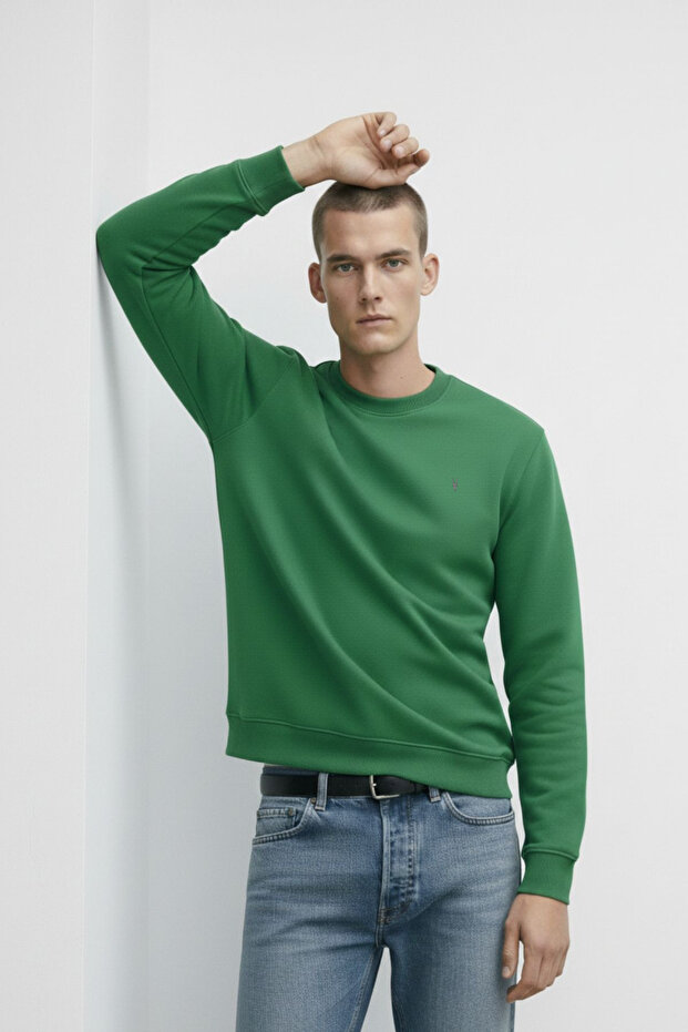 Men's Crew Neck Basic Green Sweatshirt - 6