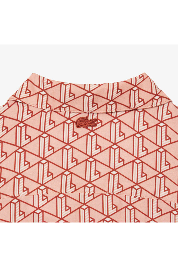 Kadın Oversize Fit Kısa Kollu Monogram Bej Gömlek - 7