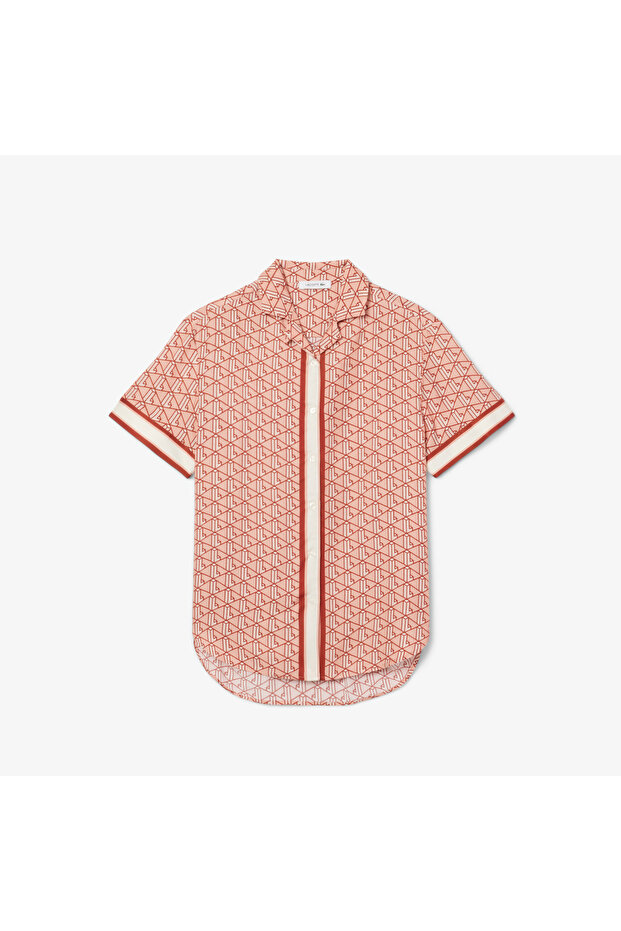 Kadın Oversize Fit Kısa Kollu Monogram Bej Gömlek - 4