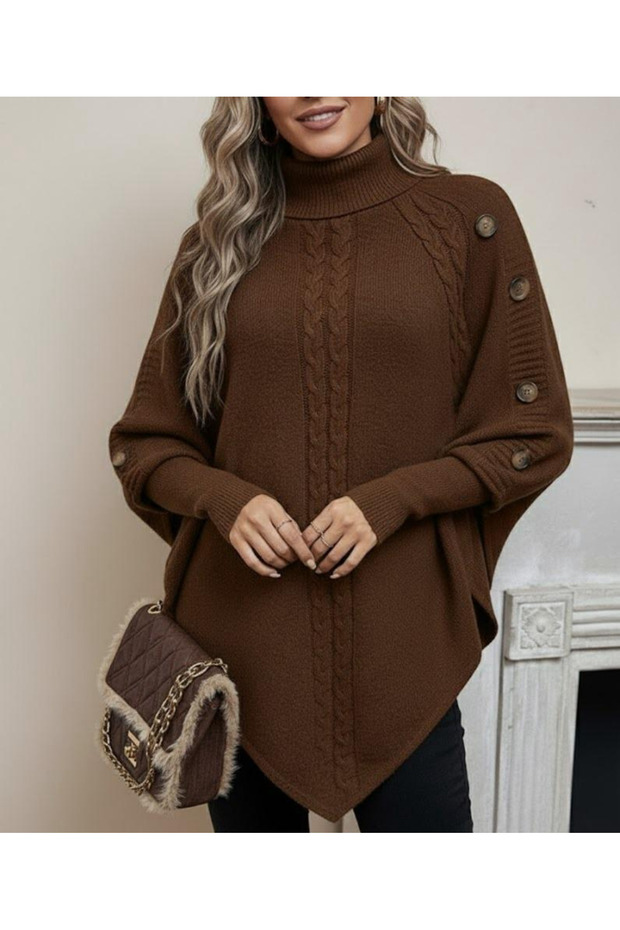 Women's Brown Hair Braided Turtleneck Bat Poncho Buttoned Knitwear Sweater