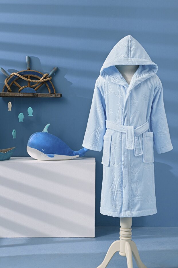 15 Year Old Boy Hooded Velvet Cotton Bathrobe-Marine Blue