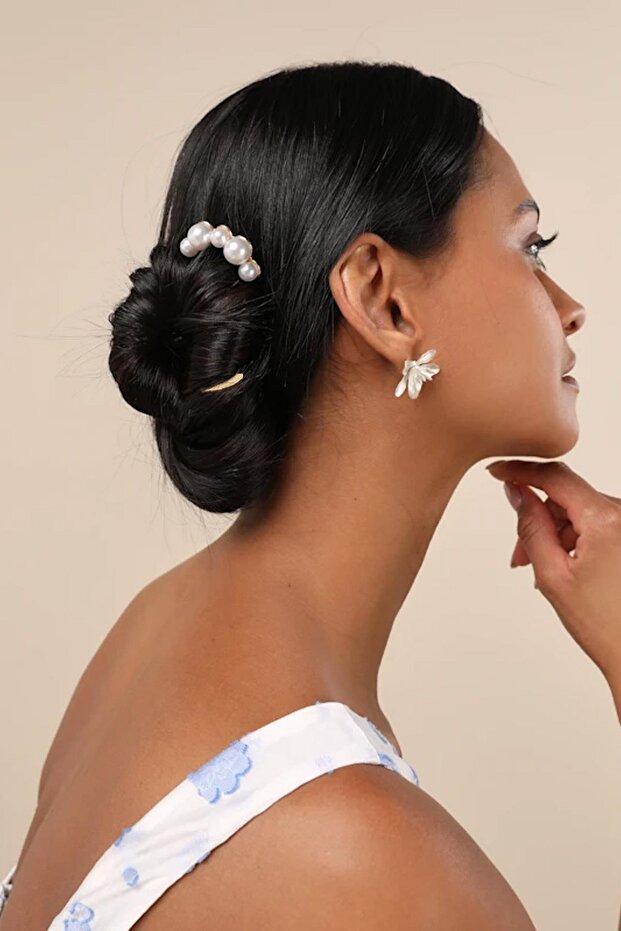 Inlaid Pearl Silver Color Metal Bun Hair Clip
