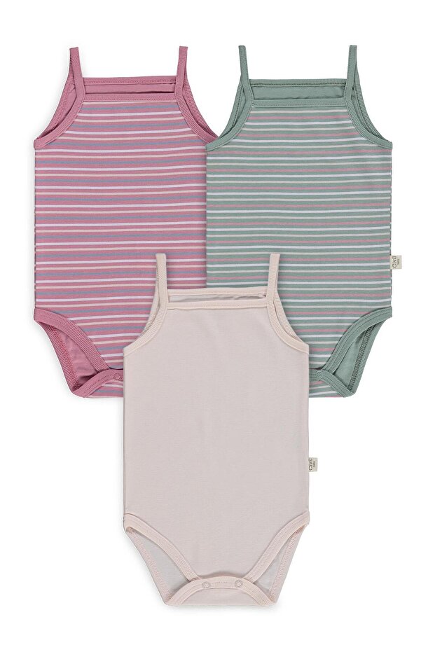 Striped Rope Strap 3-Piece 0-36 Months Snap Fastener Bodysuit - Pink 1-3 Months