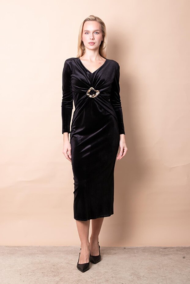 Women's Stretch Fabric Velvet V-Neck Front Accessory Long Sleeve Slit Long Evening Dress/Evening Gown-Black