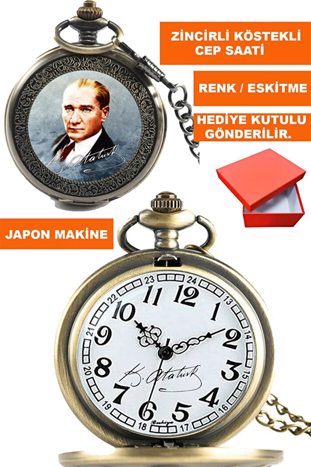 Kemal Ataturk Visual and Signed Silver Color Chain Cased Pocket Watch Acs-B6