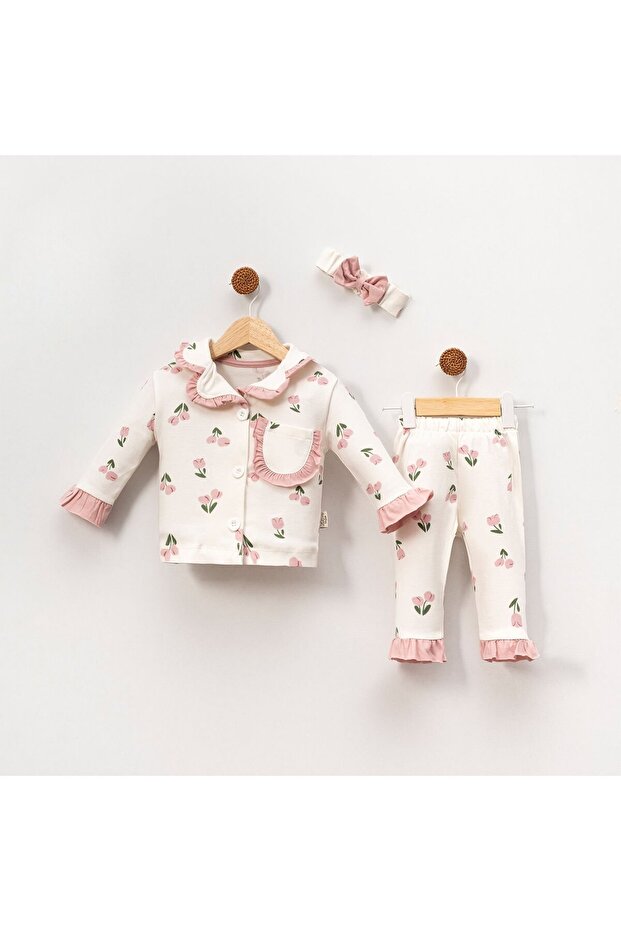 Girl's Ecru Powder Tulip Print Ruffled Bandana Pajamas Set