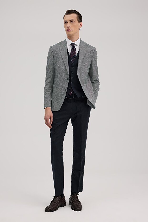 Navy Blue Slim Fit Mono Collar Vest Set Linen Blend Suit
