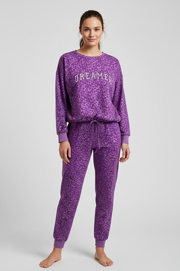 طقم بيجامة/بدلة رياضية من قطعتين من Dreamer Yazı مطبوع بتصميم جلد الفهد مع حبل عند حافة التنورة