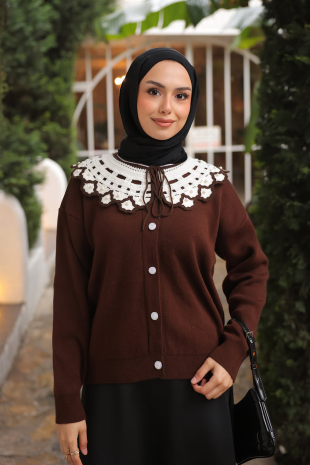 Brown Collar Lace Detailed Buttoned Knitwear Cardigan