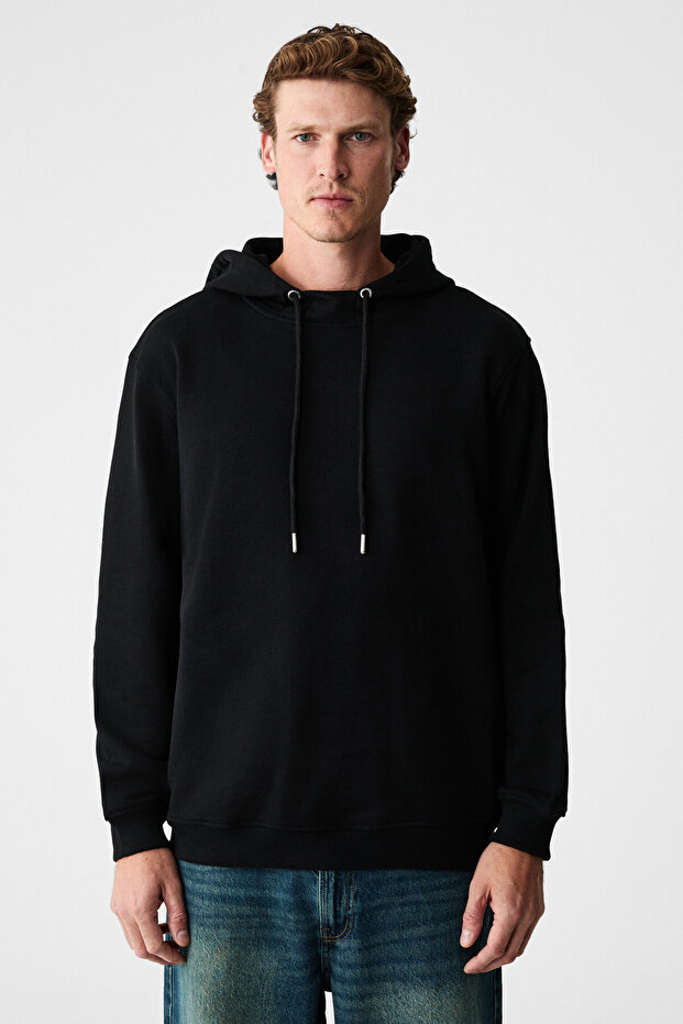 Alessio Men's 100% Cotton Hooded Cord Detailed Oversized Fit Black Sweatshirt