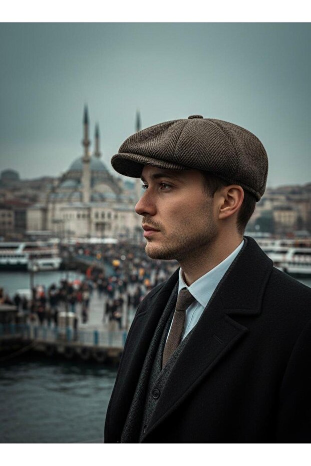 Men's 8-Piece Elastic One-Size Premium Cap Hat Brown Herringbone