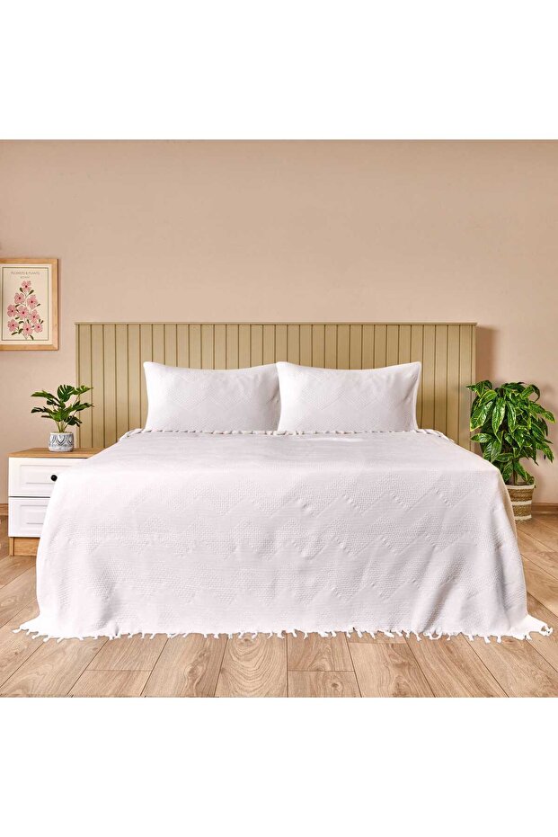 طقم غطاء سرير مزدوج ناعم ولامع - أبيض - 2