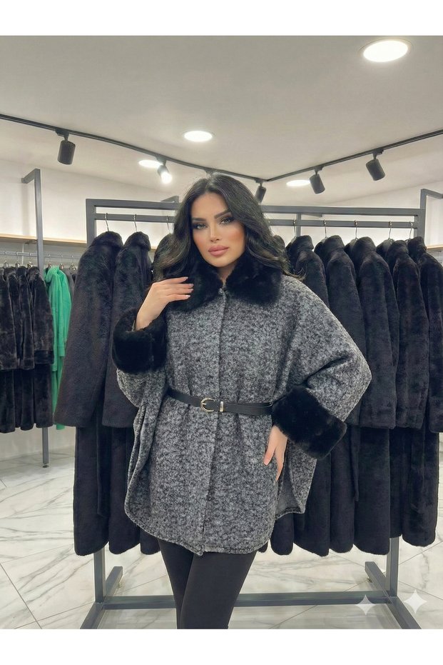 Women's Belted Collar and Sleeves Fur-Trimmed Boucle Cashmere Poncho Black D99844